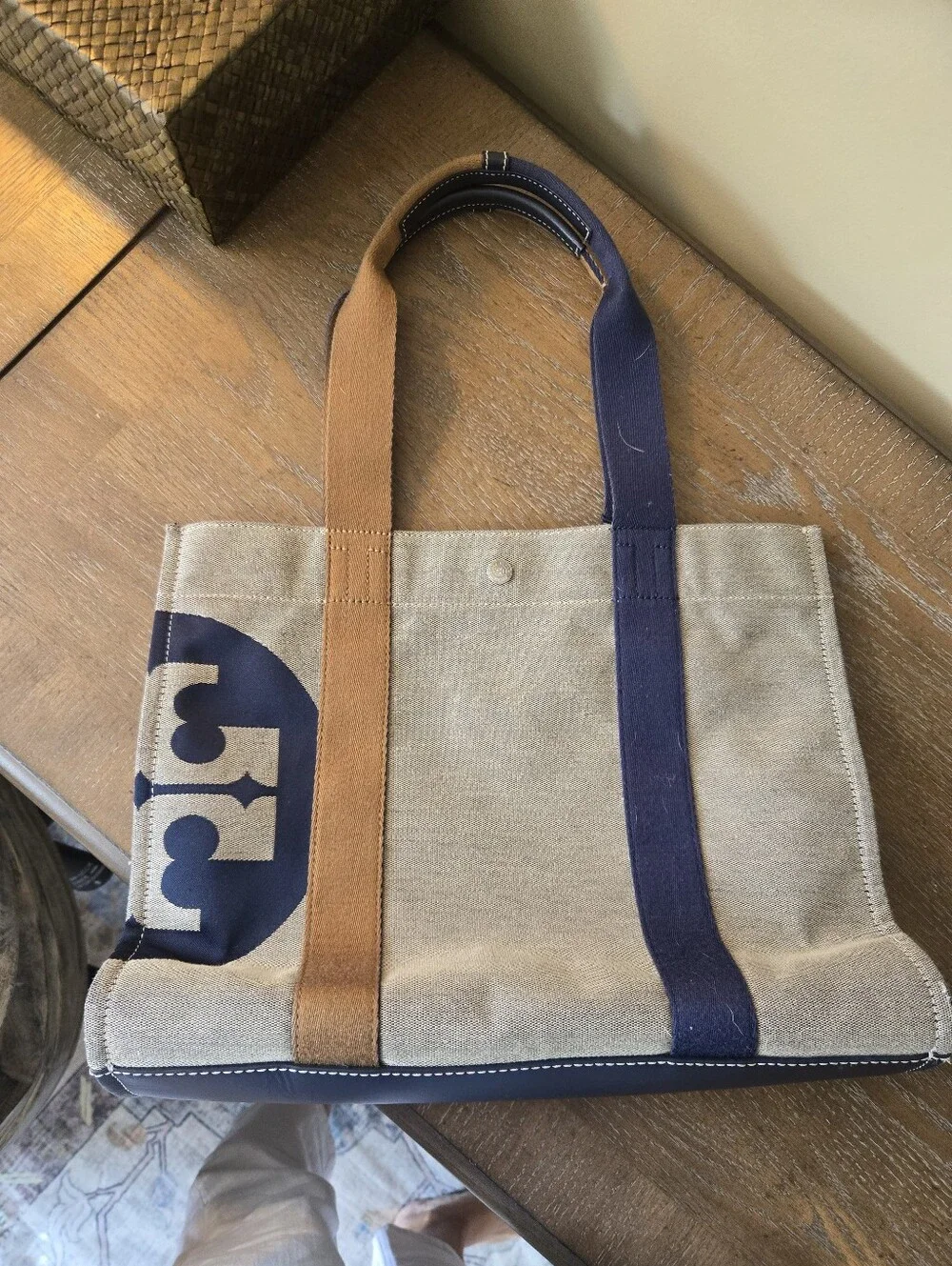 Tory Burch Ella Canvas Logo Tote Natural Navy Tan Double T Bag